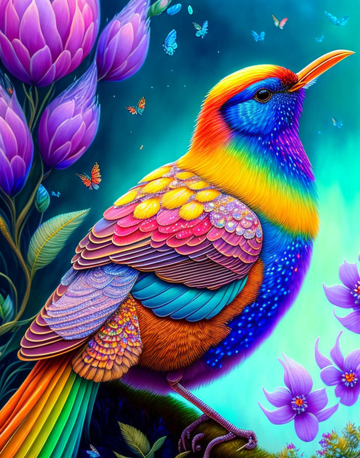 Colorful Bird Among Rainbow Feathers and Purple Flowers in Fantastical Scene