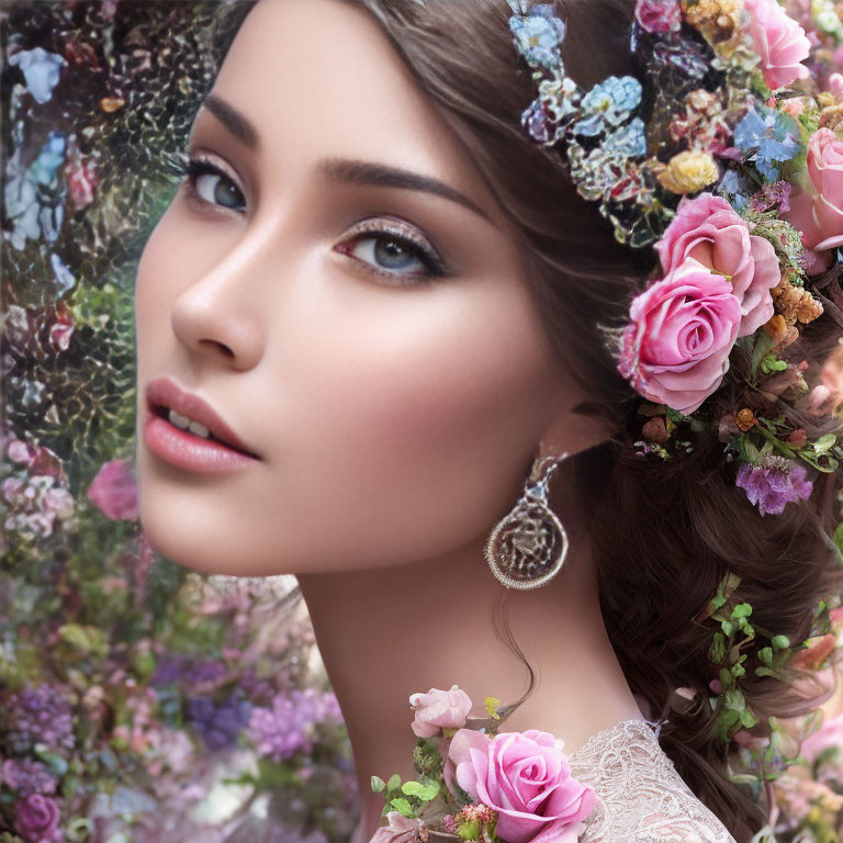 Woman with Clear Skin and Blue Eyes Surrounded by Pink Roses in Dreamy Floral Setting