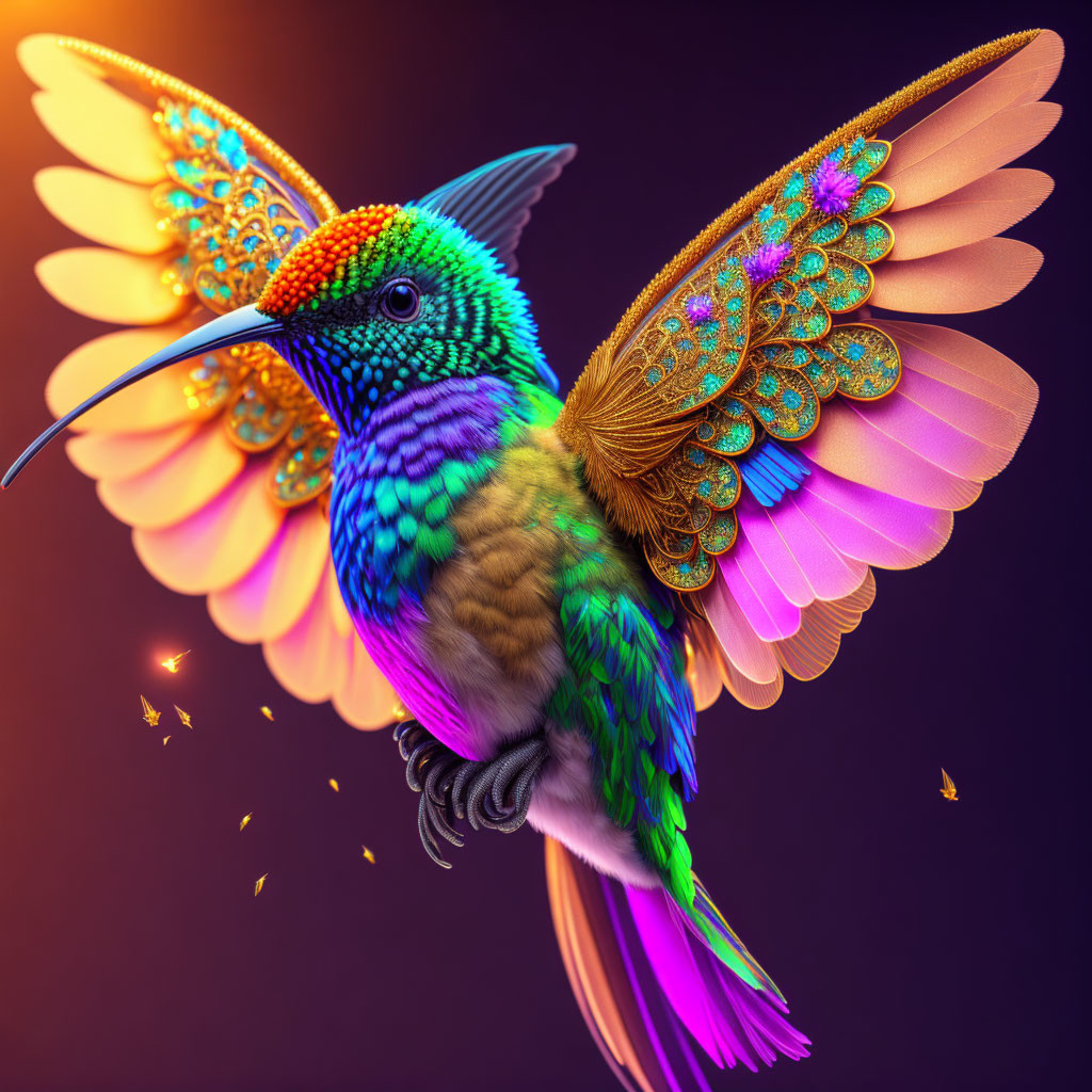 Colorful hummingbird digital artwork with iridescent feathers and butterfly-like wings on dark background