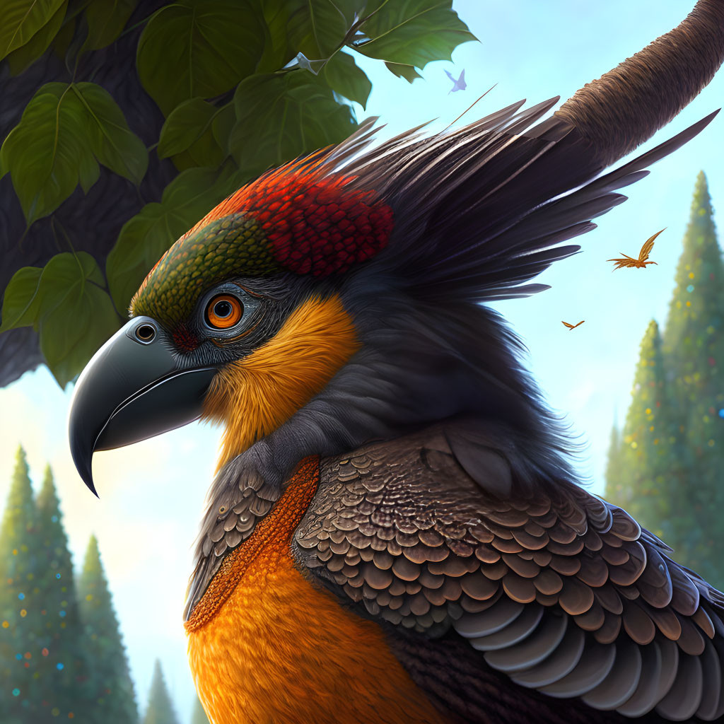 Colorful Bird Digital Art with Mythical Creature Feathers in Forest Setting