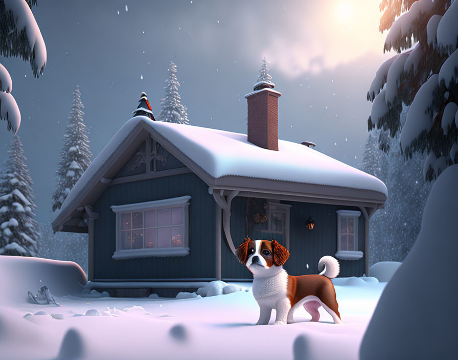 Small dog in front of cozy blue cottage in snowy landscape