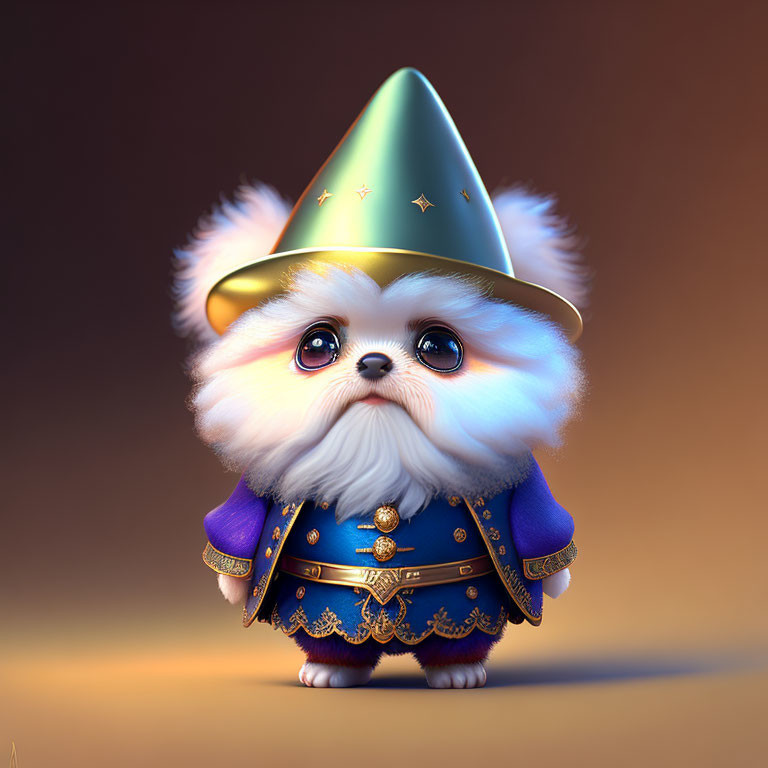Fluffy white and brown fantasy creature in wizard costume