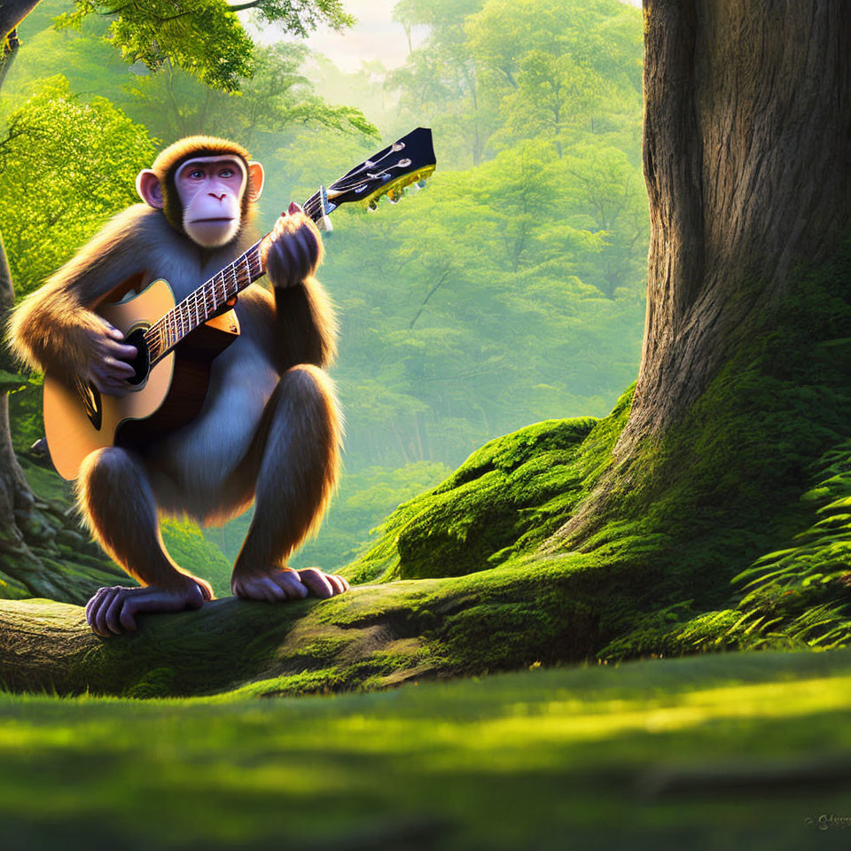 Animated monkey playing guitar in sunlit forest with moss-covered ground.