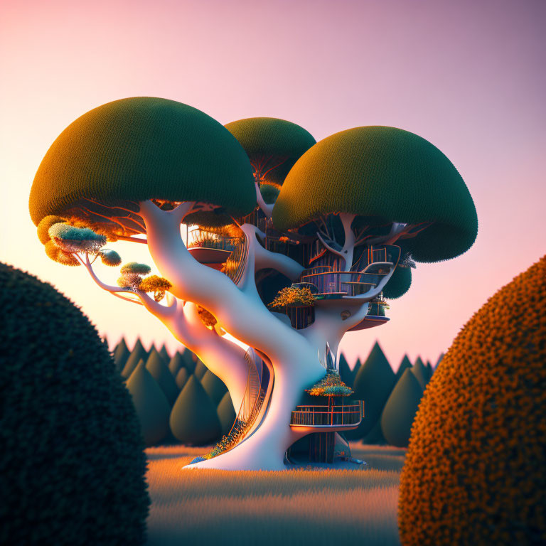 Colorful 3D treehouse with mushroom canopies in fantastical forest