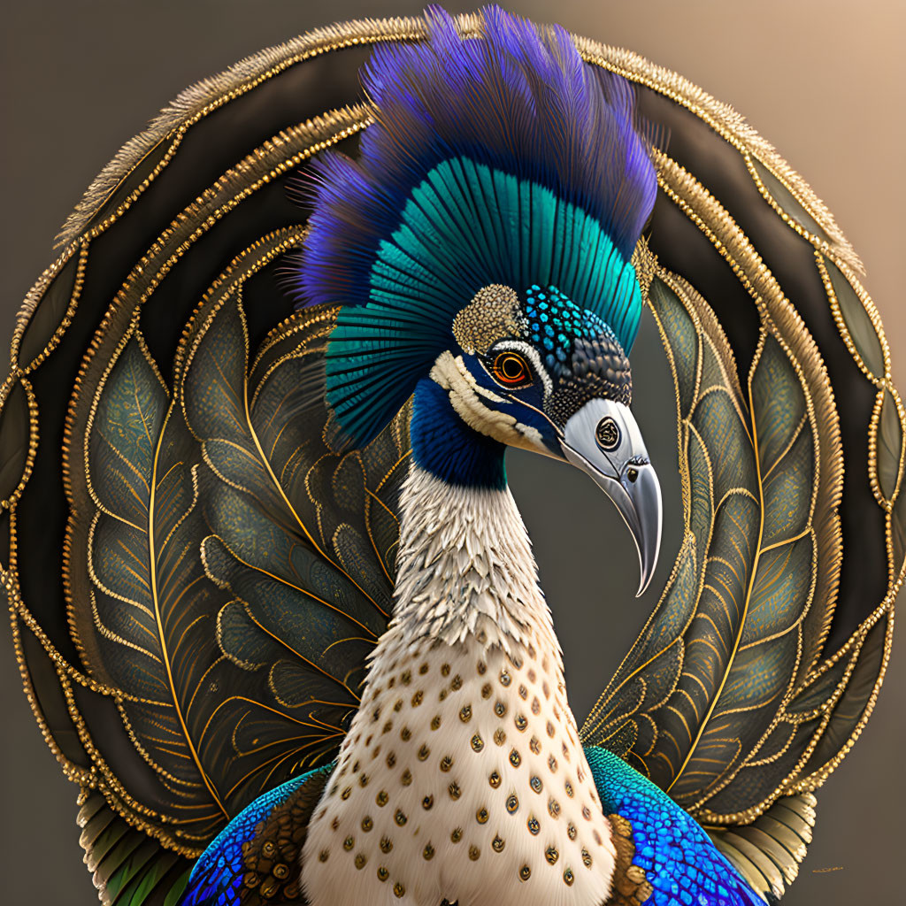 Vibrant blue and green peacock illustration on golden backdrop