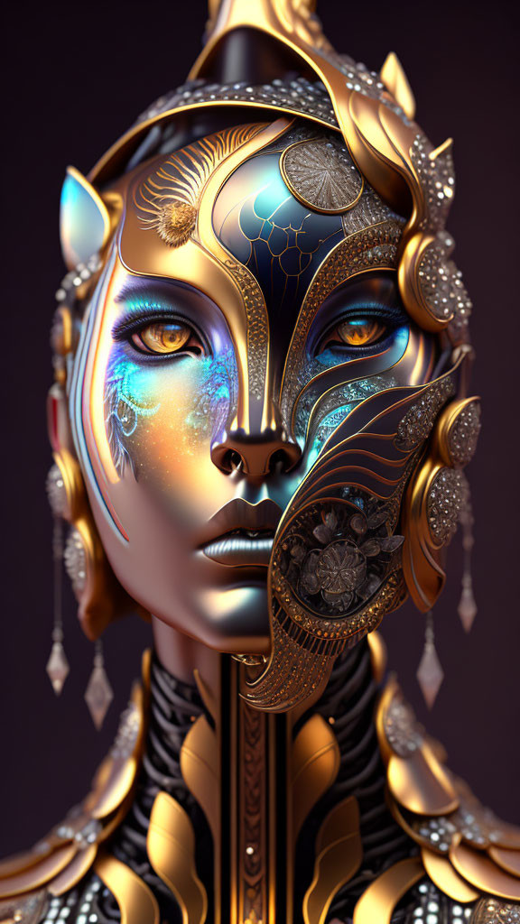 Digital Artwork: Woman with Gold and Blue Celestial Adornments