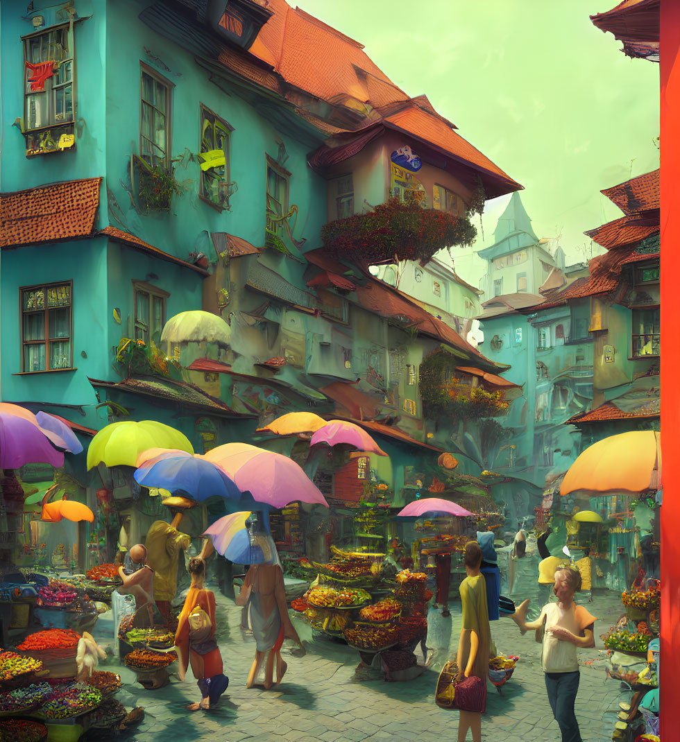 Colorful street market with whimsical architecture and warm atmosphere