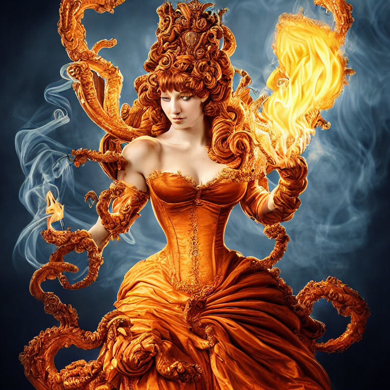 Woman in Orange Flame Dress Holding Fire on Blue Background