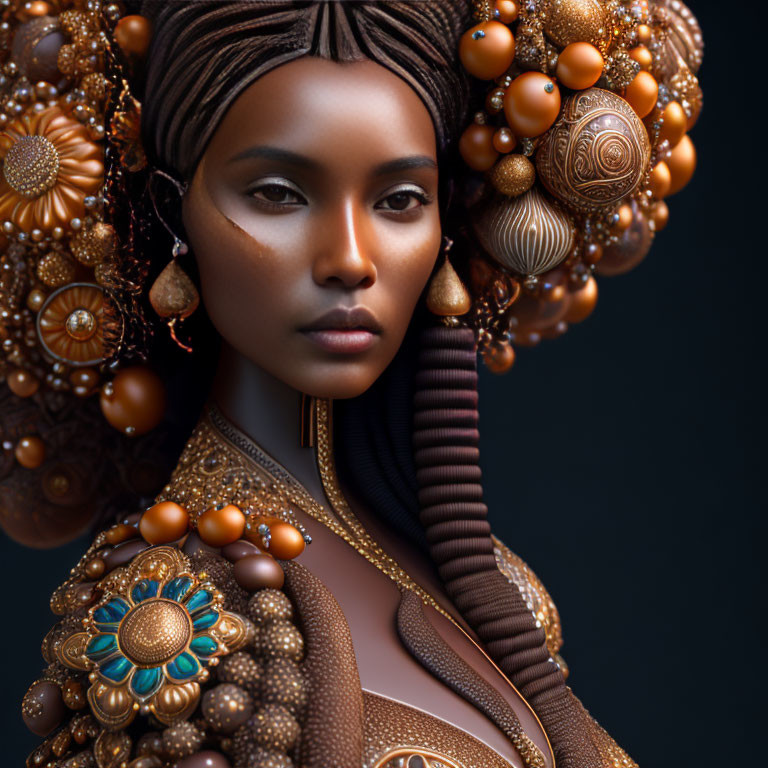 Elaborate bronze jewelry and headwear on woman against dark background