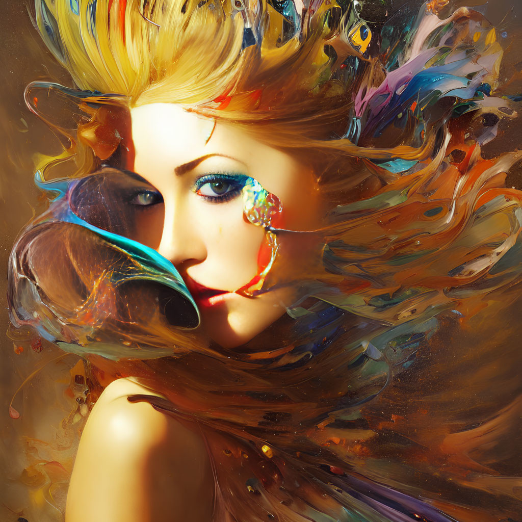Colorful Abstract Digital Artwork of Woman's Face with Flowing Paint Strokes