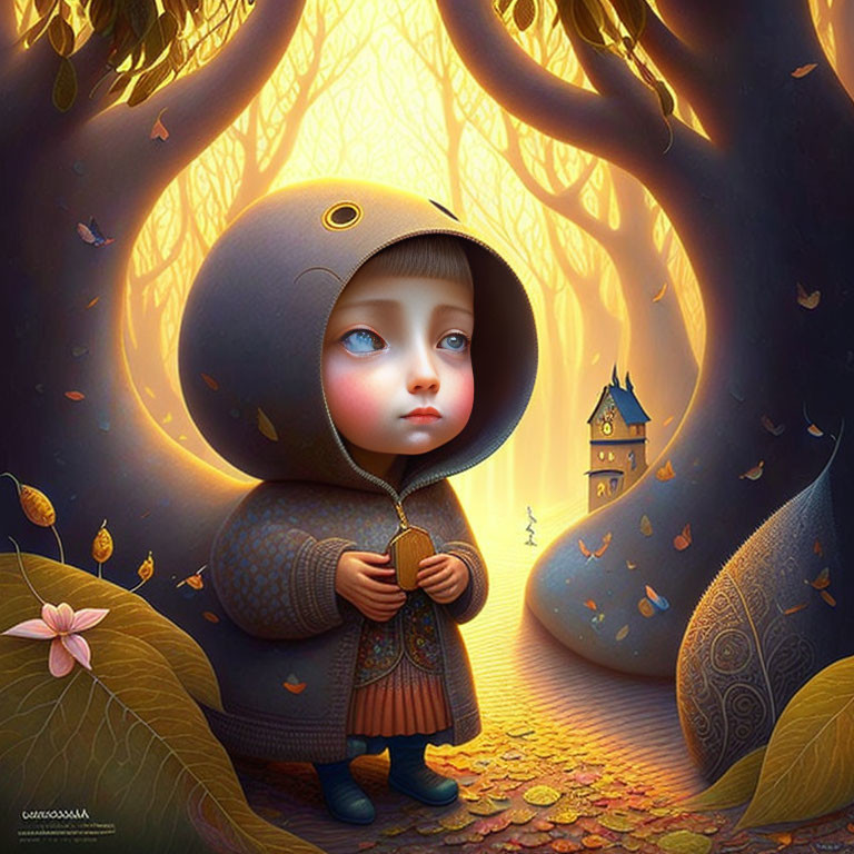 Child with oversized helmet head in surreal autumn forest with falling leaves and faint castle.