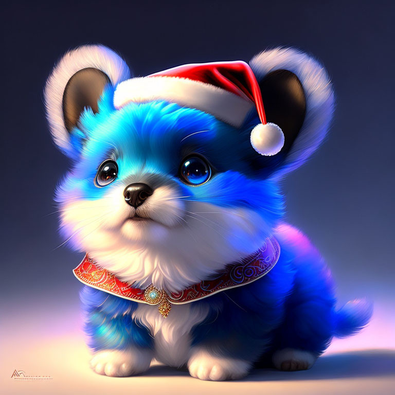 Adorable Blue Puppy in Santa Hat and Collar