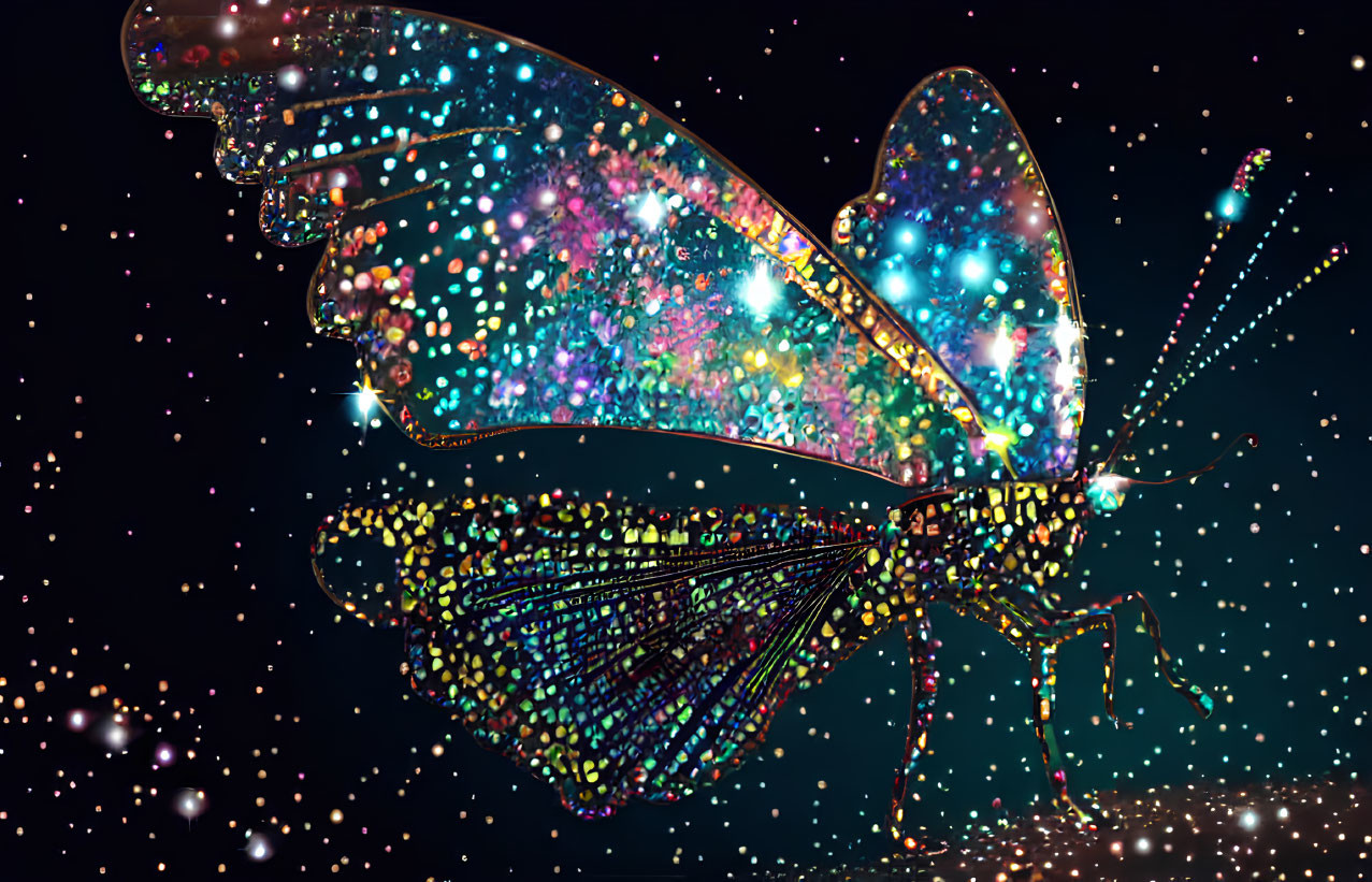 Colorful Butterfly Artwork with Glowing Wings on Starry Background