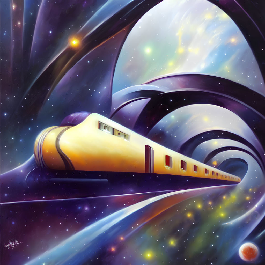 Yellow futuristic train in cosmic landscape with swirling purple and blue hues