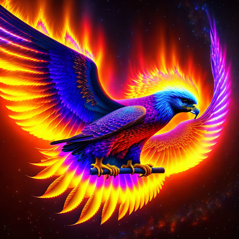 Majestic eagle with fiery wingtips in cosmic artwork
