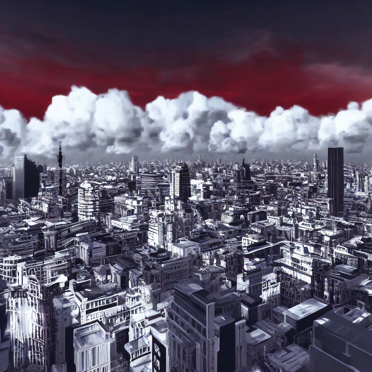 Monochromatic cityscape with red sky above dense urban buildings
