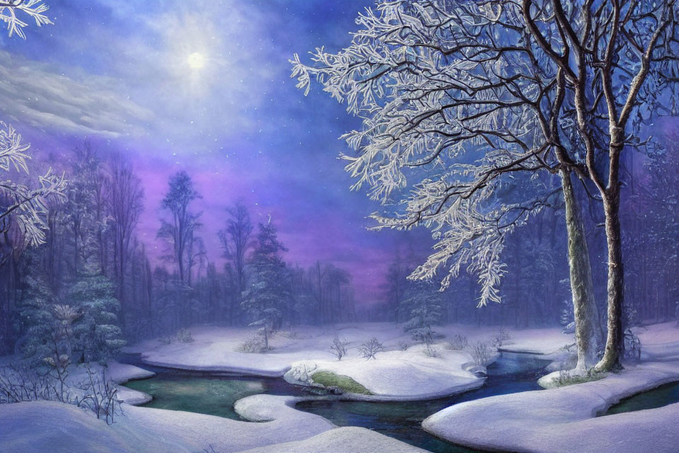Snow-covered winter night scene with meandering stream, bare tree, starry sky, and purple twilight