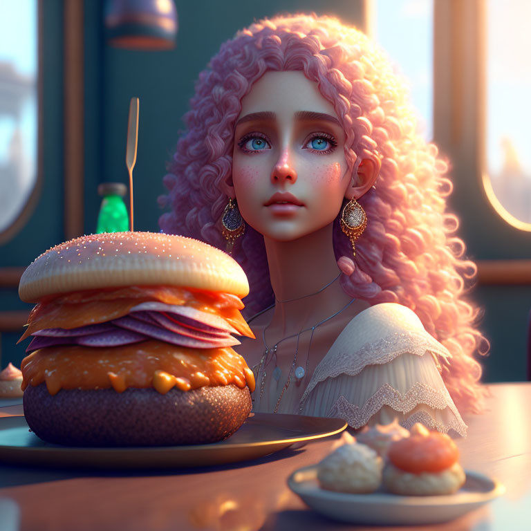 3D illustration: Young woman with pink hair admires giant burger