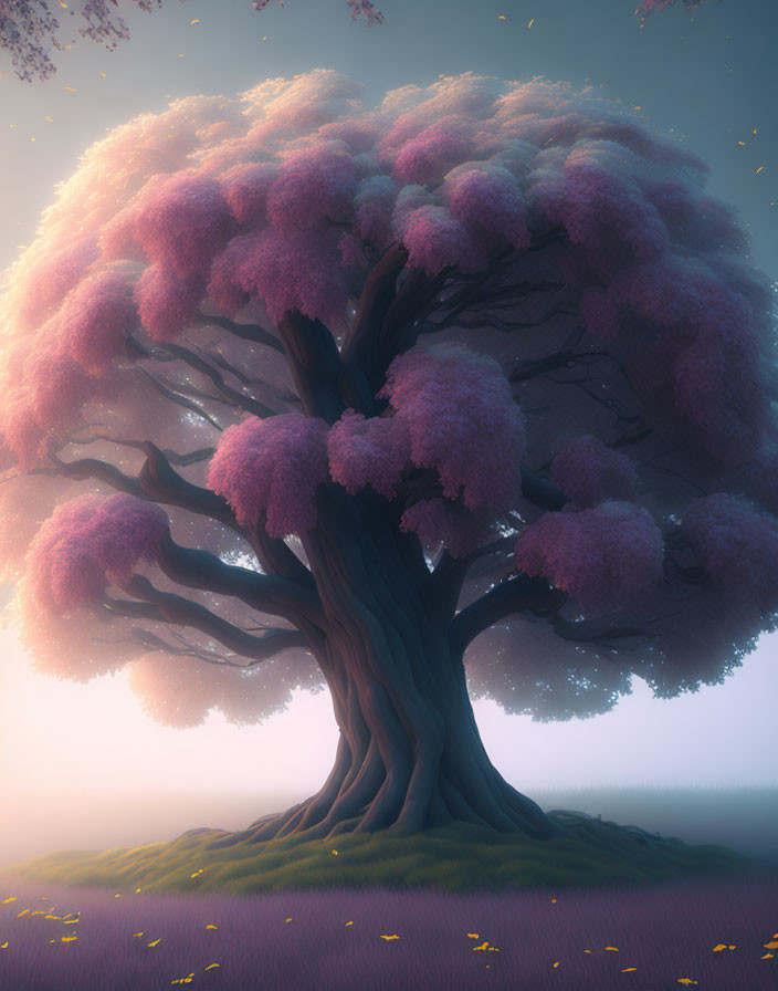 Majestic tree with thick trunk and pink foliage in misty landscape