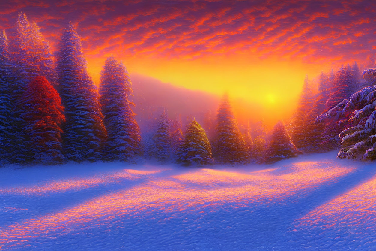 Snow-covered trees under red and orange sunset sky in winter landscape