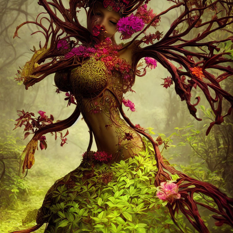 Fantastical Female Figure with Tree Branch Limbs and Flowers in Misty Forest