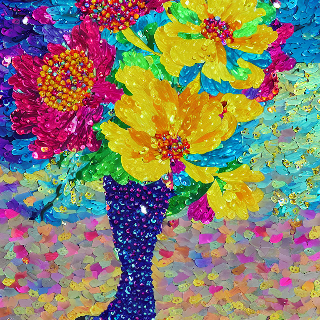 Colorful Impasto Painting of Vase with Flowers in Pink, Yellow, and Blue