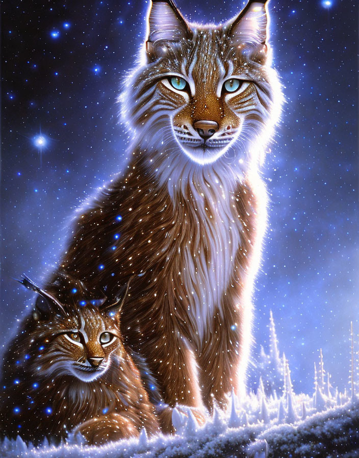Majestic cats under starry night sky and snowy landscape
