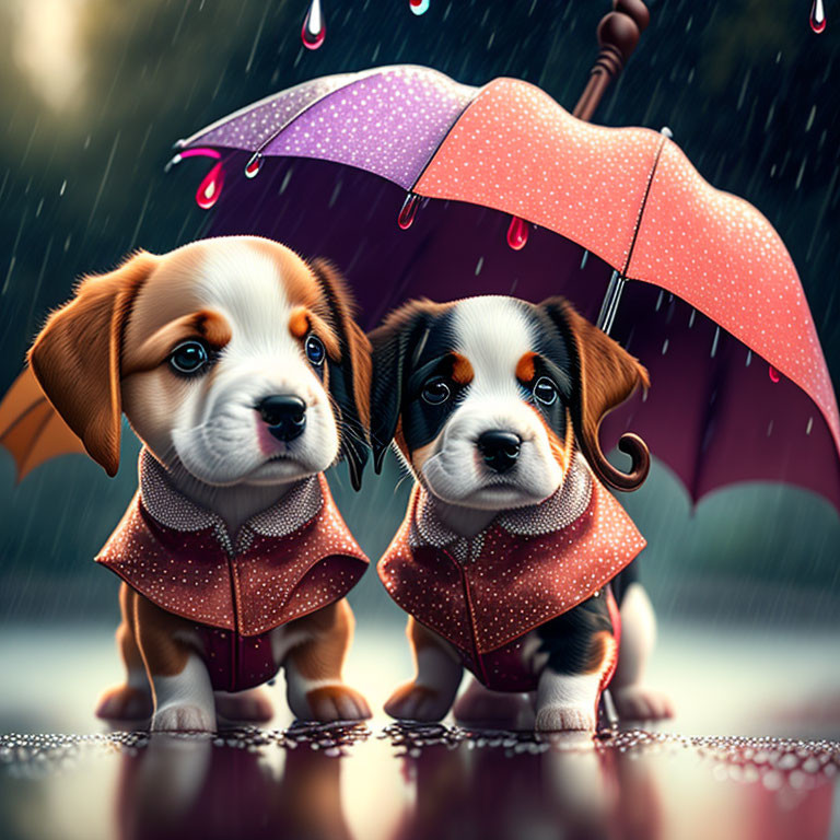 Adorable puppies in polka-dot raincoats under pink umbrella