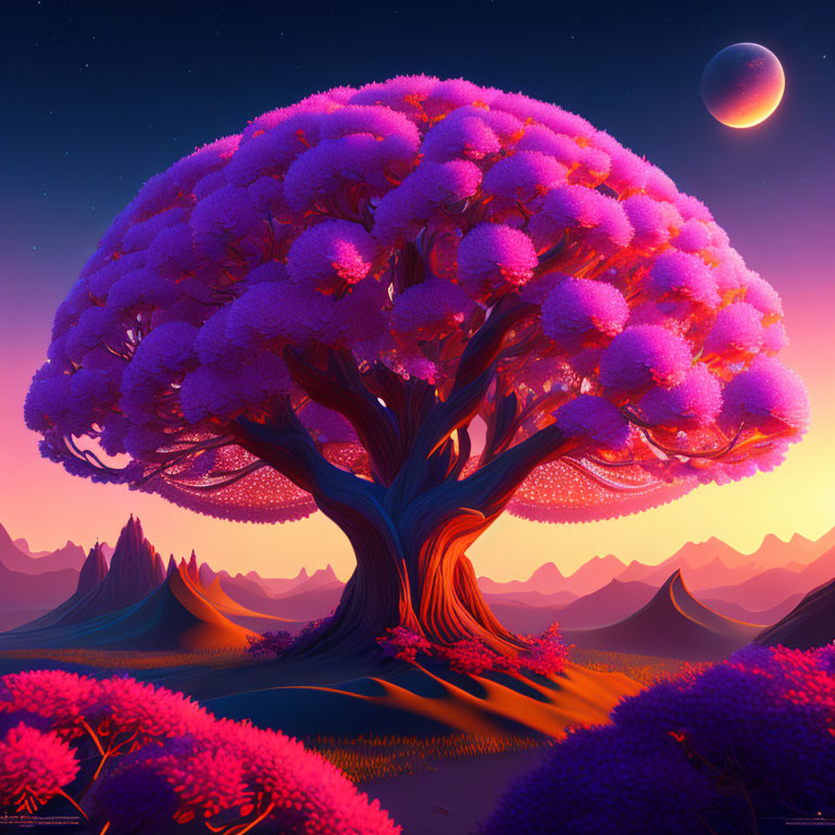 Fantastical landscape with large purple tree under twilight sky