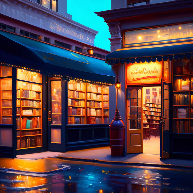Warmly-lit Dusk Bookstore with City Reflections