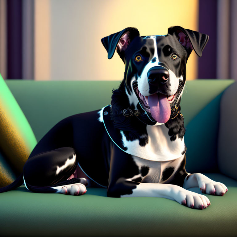 Happy black and white dog on green sofa with colorful background