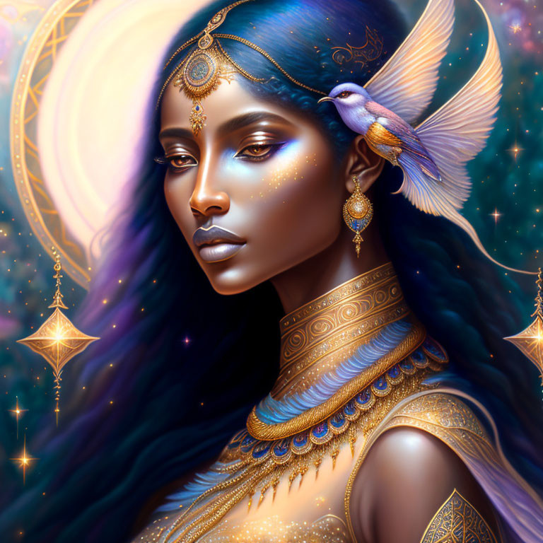 Ethereal woman with blue skin and golden jewelry in celestial setting