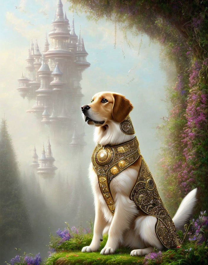 Majestic dog in gold-patterned cape at fantastical castle in misty forest
