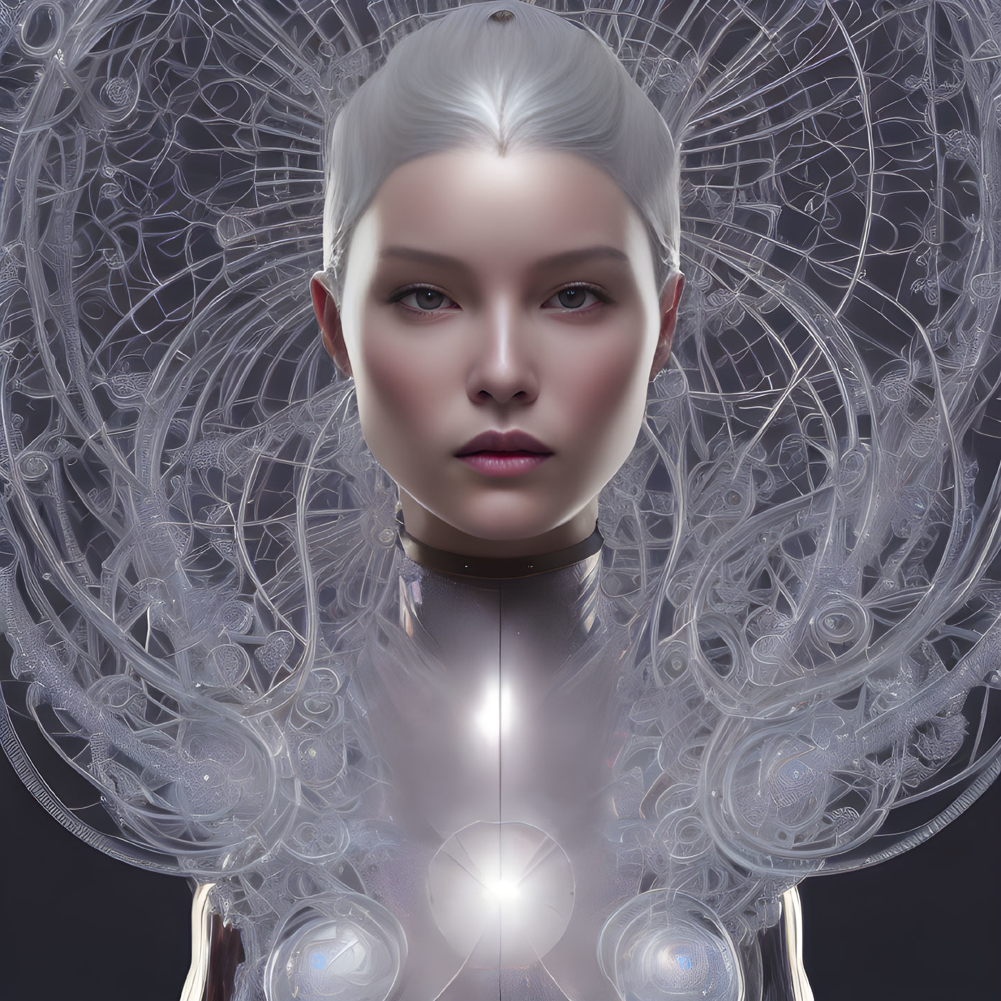 Futuristic woman with glowing white hair and metallic halo collar