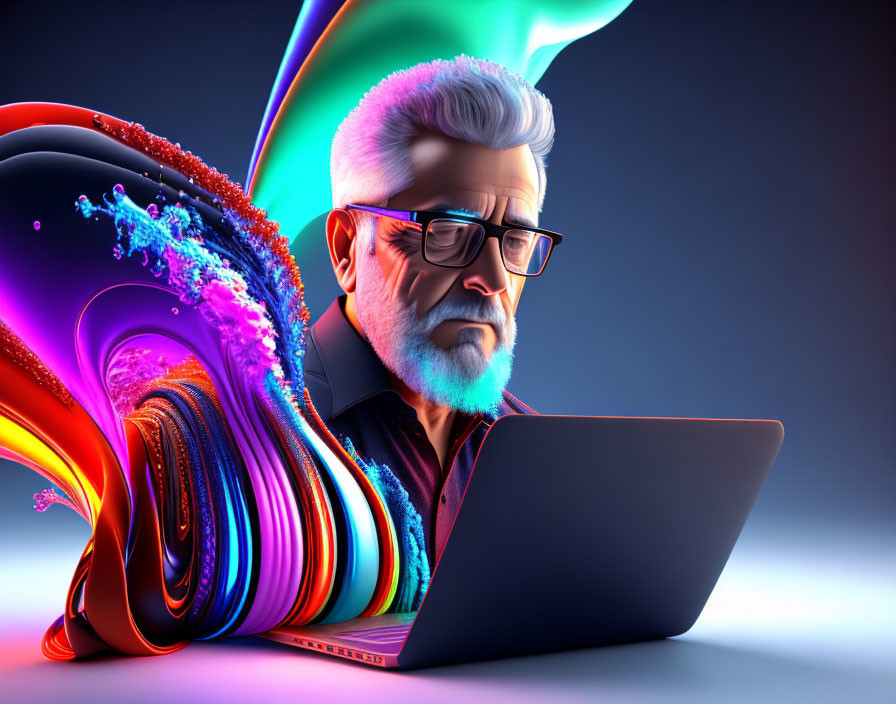 Elderly Man with Glasses Using Laptop in 3D Illustration