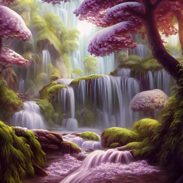 Tranquil fantasy landscape with waterfalls, moss, and purple trees