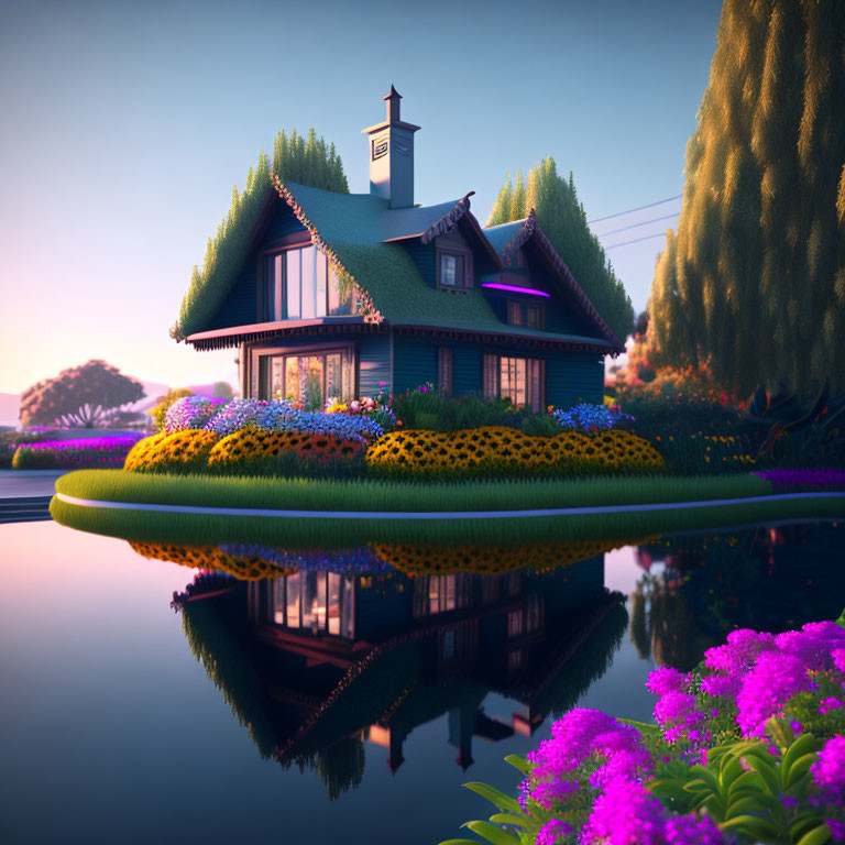 Quaint cottage with green roof by serene pond and colorful flowers