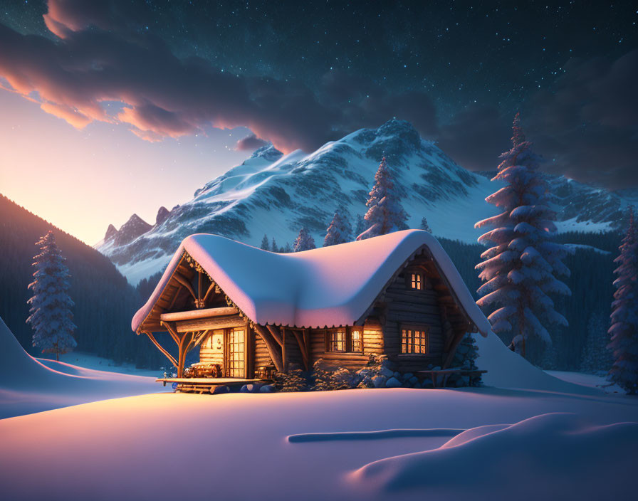 Snowy Log Cabin in Illuminated Winter Landscape
