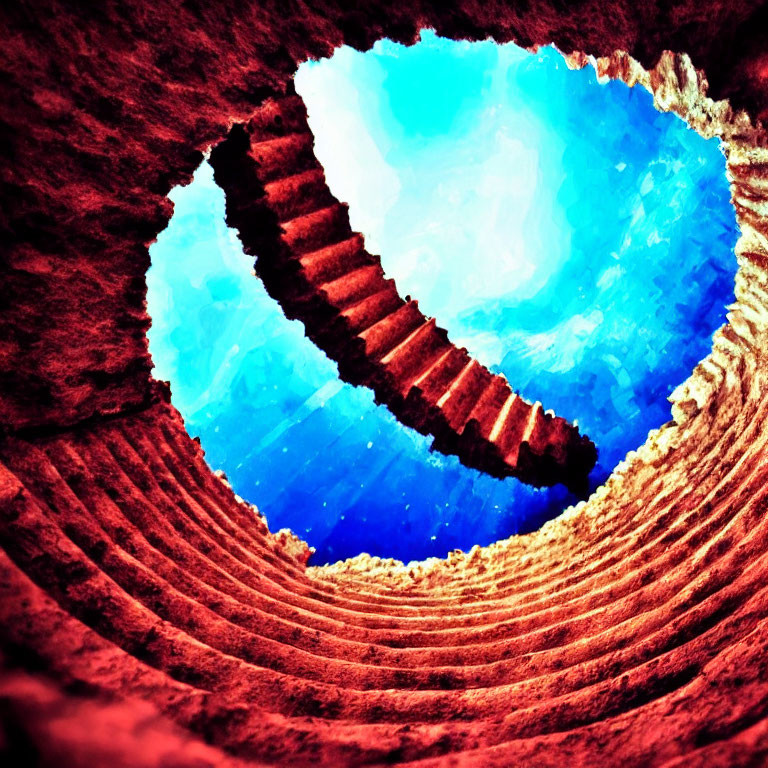 Spiral staircase in warm tones under blue sky