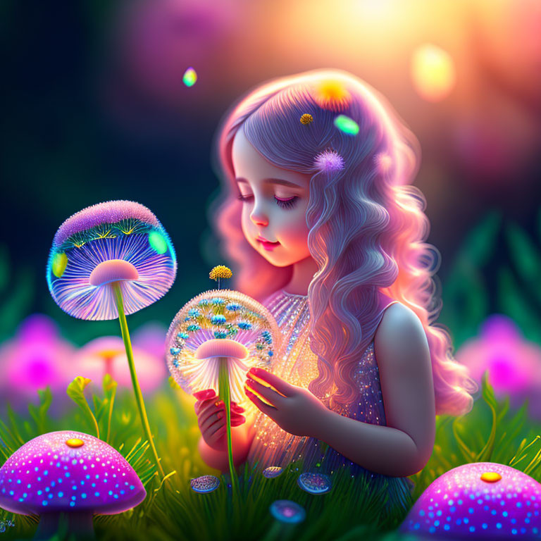 Digital illustration of girl with glowing dandelions and luminescent mushrooms in enchanted forest