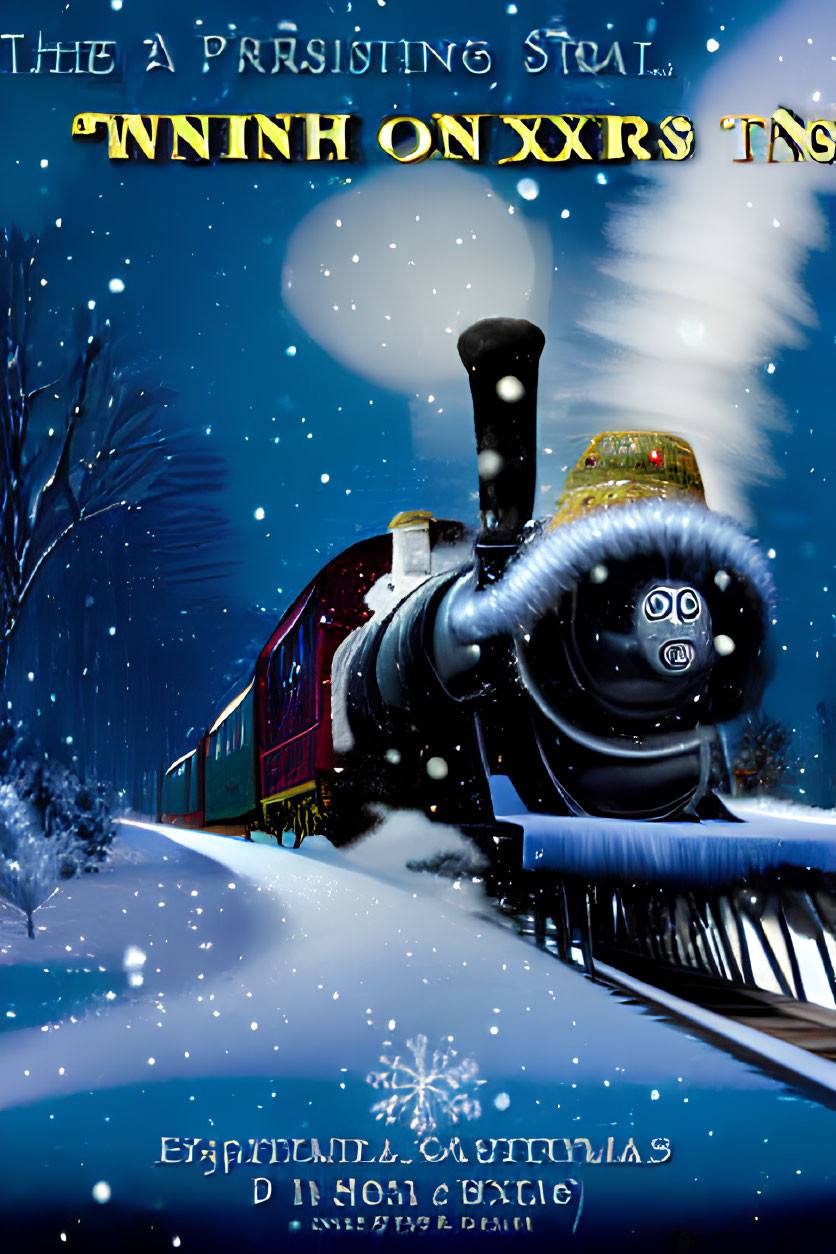 Vintage steam train in snowy night landscape with starry sky and overlay text