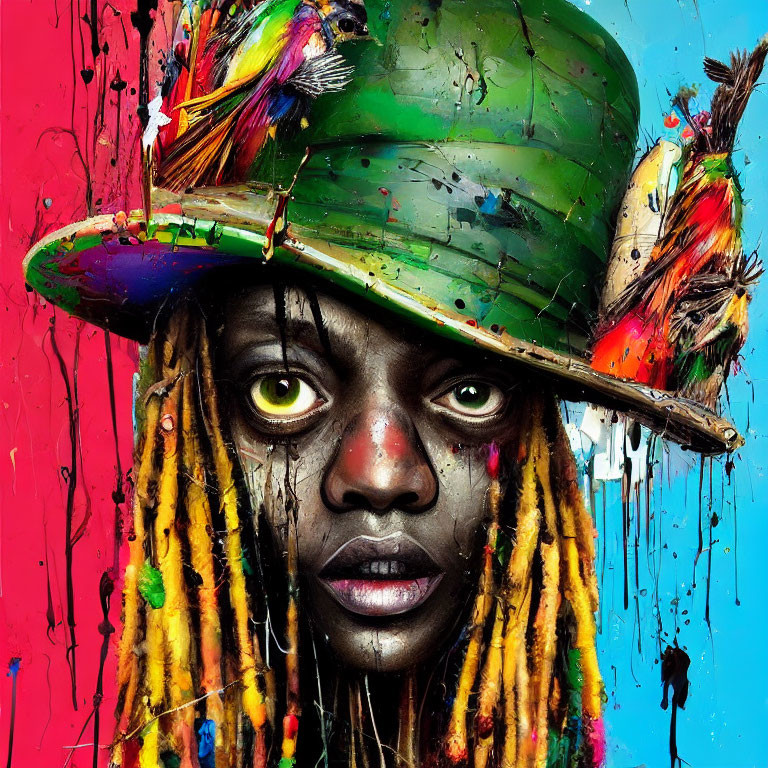 Colorful portrait of person with multicolored dreadlocks and green hat on blue and red background
