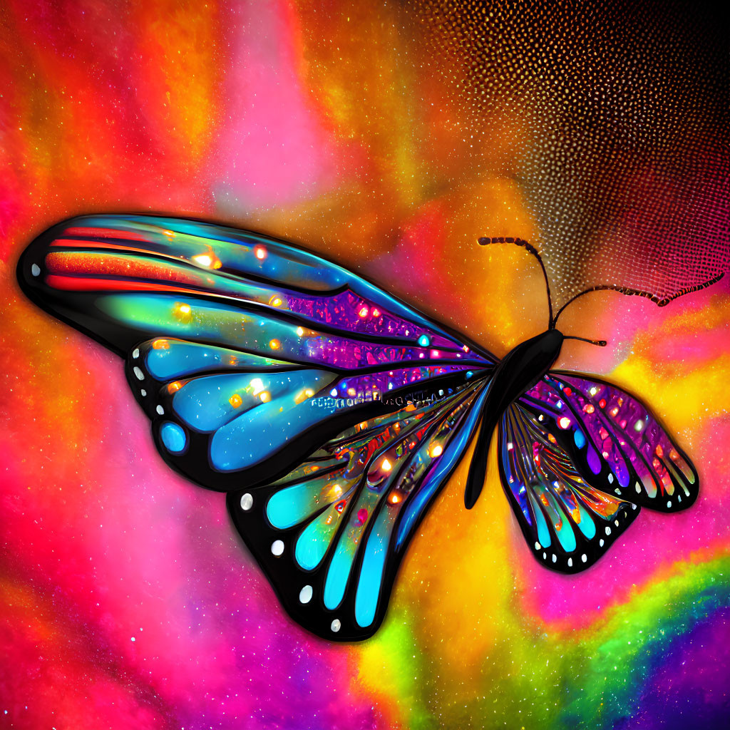 Colorful Butterfly Artwork with Illuminated Wings on Nebula Background