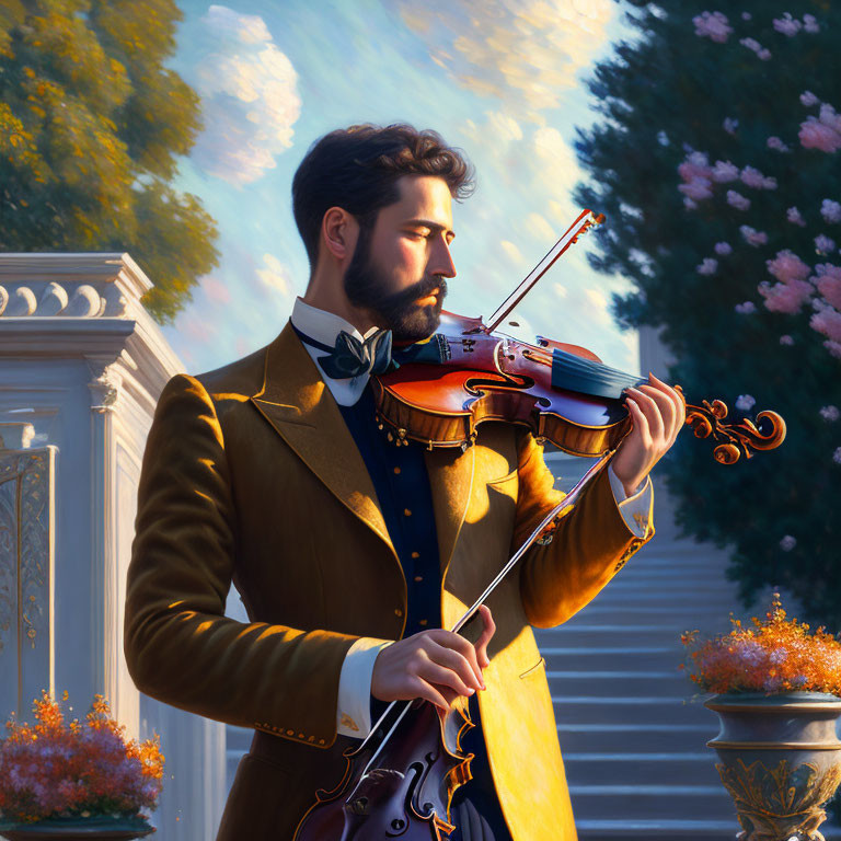 Bearded man playing violin in blooming garden with white balustrade