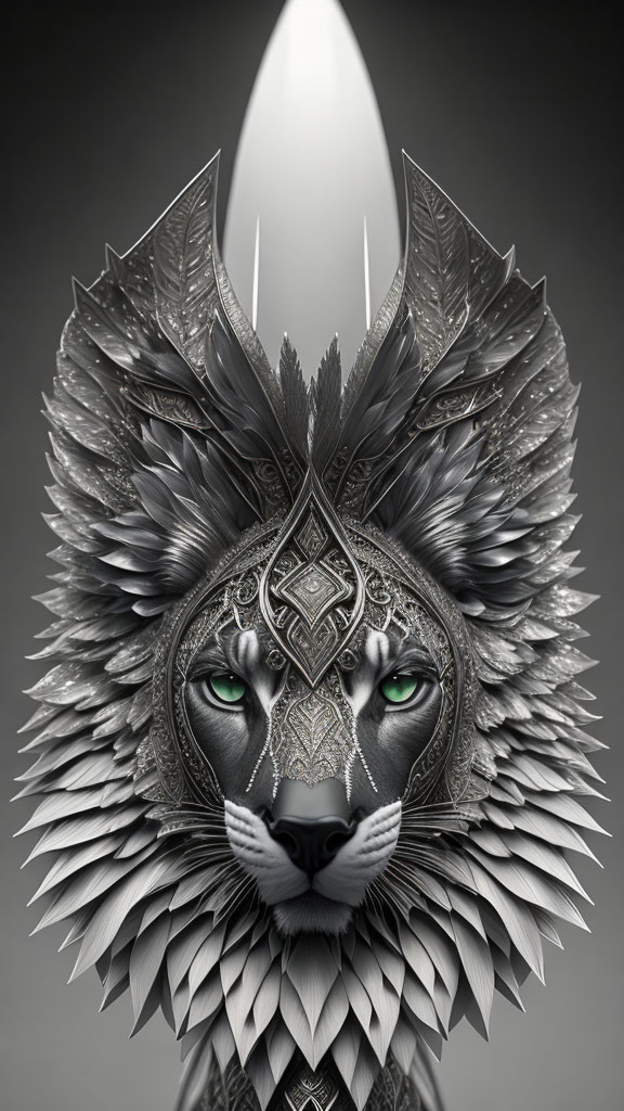 Anthropomorphized wolf or feline with silver headdress and blade-like element