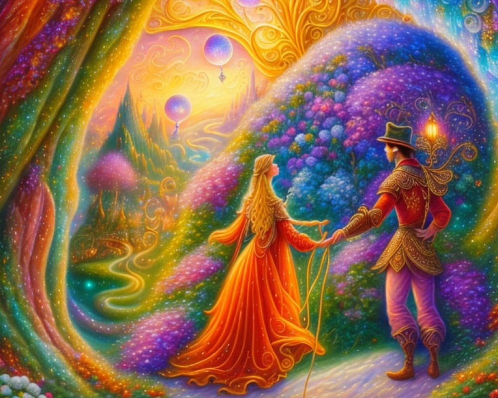 Colorful fantasy painting of man with lantern and woman in magical forest