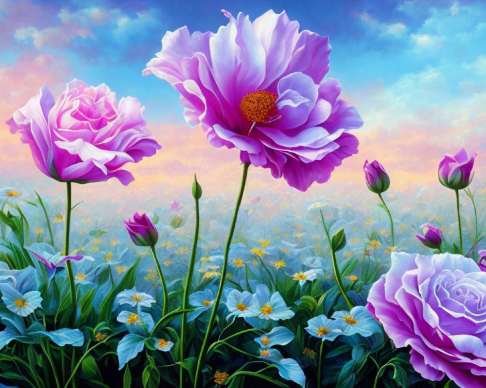 Colorful garden painting with purple and pink peony flowers under blue sky
