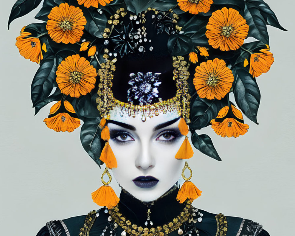 Person with Orange Flower Headdress and Black/White Jewelry