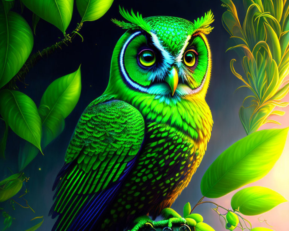 Colorful digital artwork: Green and blue owl with expressive eyes on branch in lush green setting