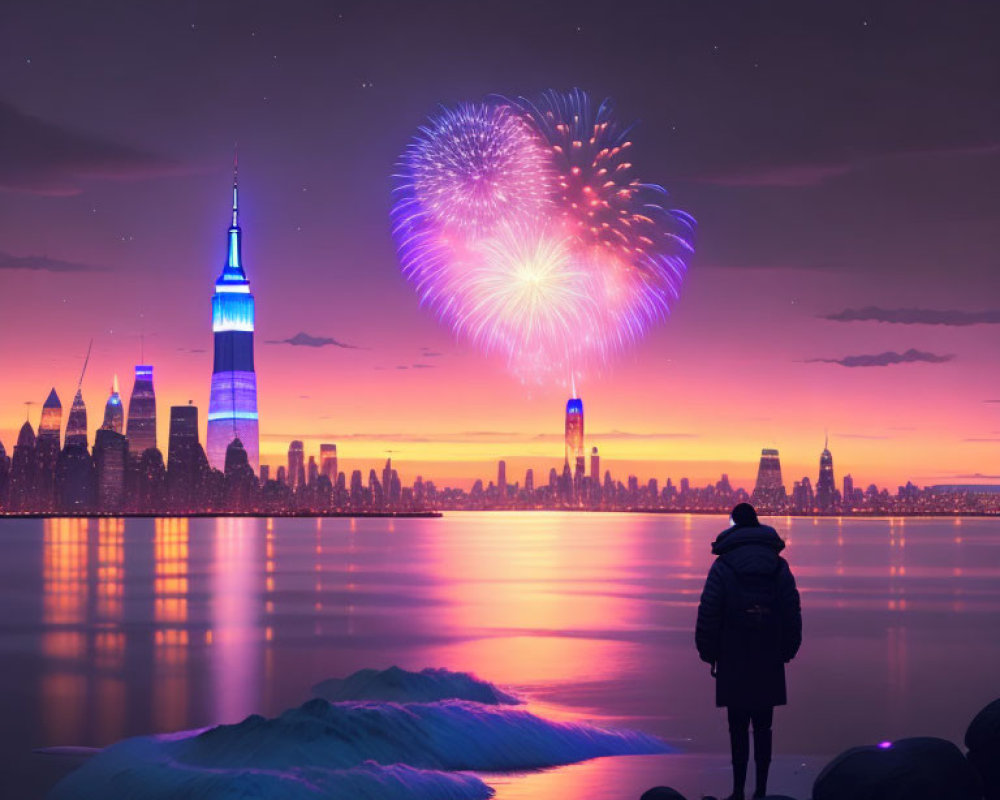 Silhouette of person by waterfront with city skyline, skyscrapers, and fireworks at dusk